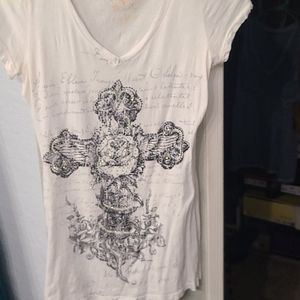 White beaded t shirt with roses and cross